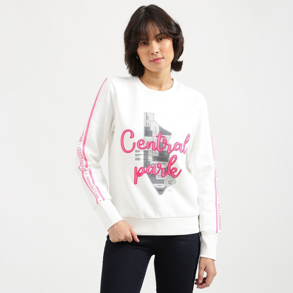 United Colors Of Benetton Women's White Sweatshirt Central Park Map Pink Trim